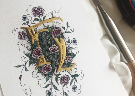 Illuminated H with 23K gold and floral illustrations.